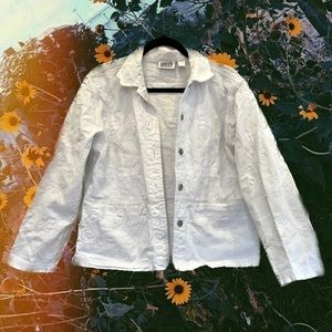 White Beach Aquatic Quilted Embroidered Detailed Thick Cropped Denim Jacket